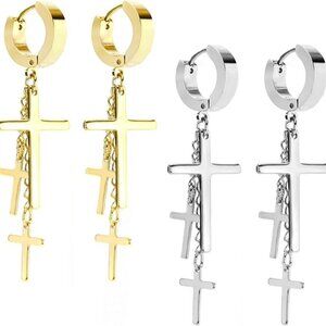 Contemporary Cross Tassel Hoop Earrings in Durable Stainless Steel - 2 Pairs